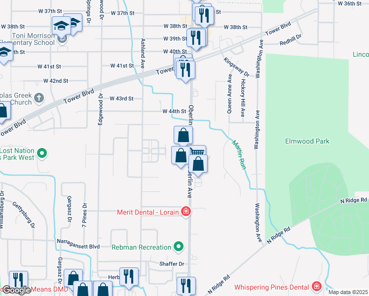 map of restaurants, bars, coffee shops, grocery stores, and more near 4590 Oberlin Avenue in Lorain