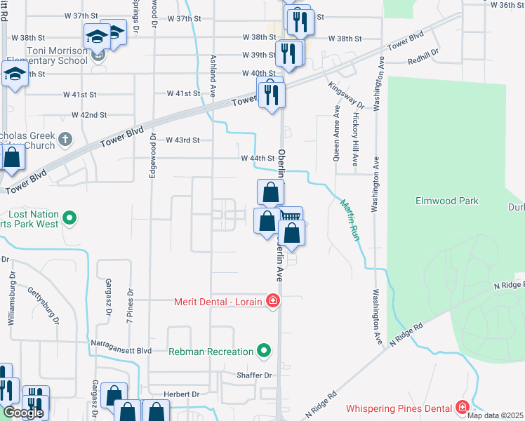 map of restaurants, bars, coffee shops, grocery stores, and more near 4590 Oberlin Avenue in Lorain