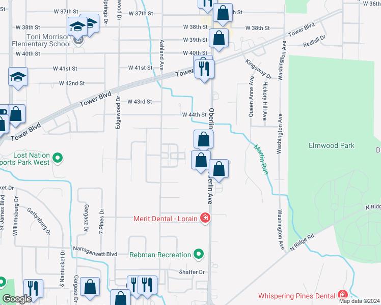 map of restaurants, bars, coffee shops, grocery stores, and more near 4611 Sycamore Drive in Lorain
