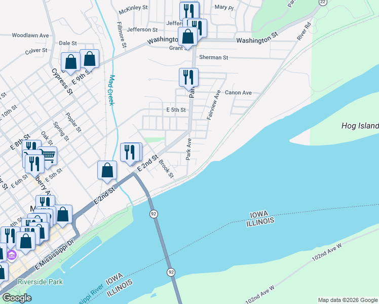 map of restaurants, bars, coffee shops, grocery stores, and more near 1219 Smalley Street in Muscatine