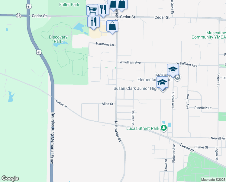 map of restaurants, bars, coffee shops, grocery stores, and more near 1316 Houser Street in Muscatine