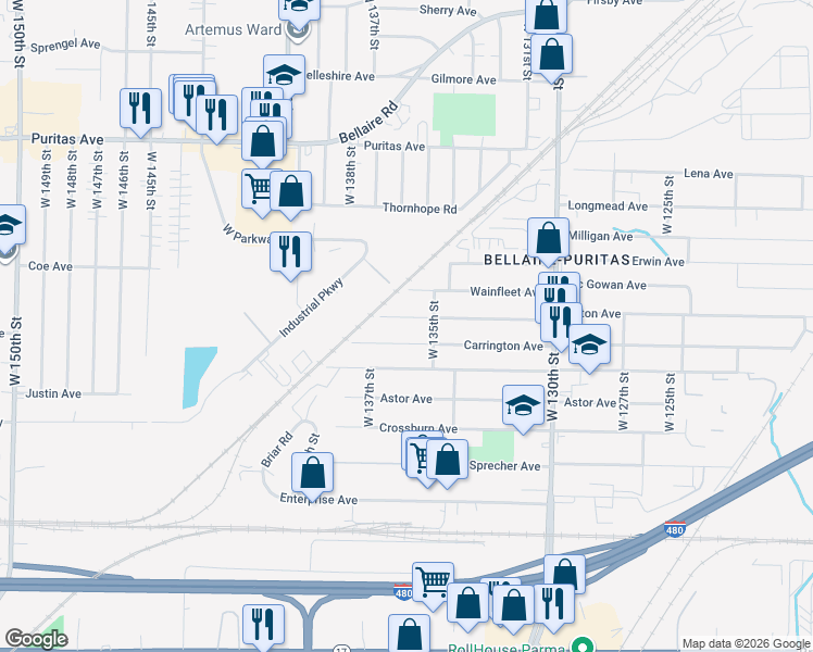 map of restaurants, bars, coffee shops, grocery stores, and more near 13616 Kirton Avenue in Cleveland