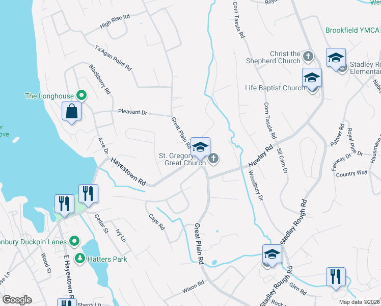 map of restaurants, bars, coffee shops, grocery stores, and more near 118 Great Plain Road in Danbury