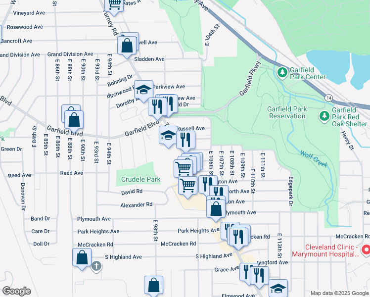 map of restaurants, bars, coffee shops, grocery stores, and more near 10112 Richland Avenue in Garfield Heights