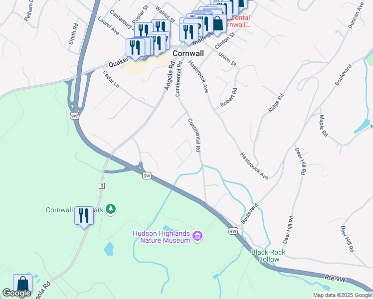 map of restaurants, bars, coffee shops, grocery stores, and more near 1-10 Land Mark Drive in Cornwall