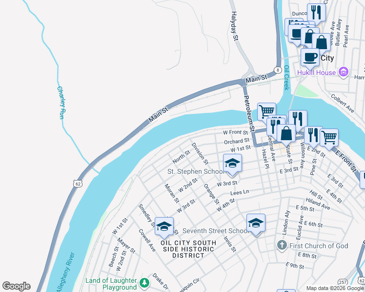 map of restaurants, bars, coffee shops, grocery stores, and more near 416 W Front St in Oil City