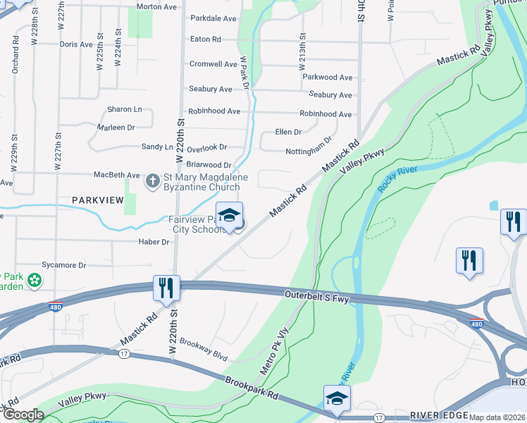 map of restaurants, bars, coffee shops, grocery stores, and more near 21494 Mastick Road in Fairview Park