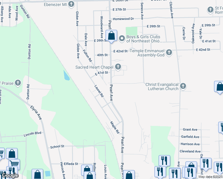 map of restaurants, bars, coffee shops, grocery stores, and more near 4215 Pearl Avenue in Lorain
