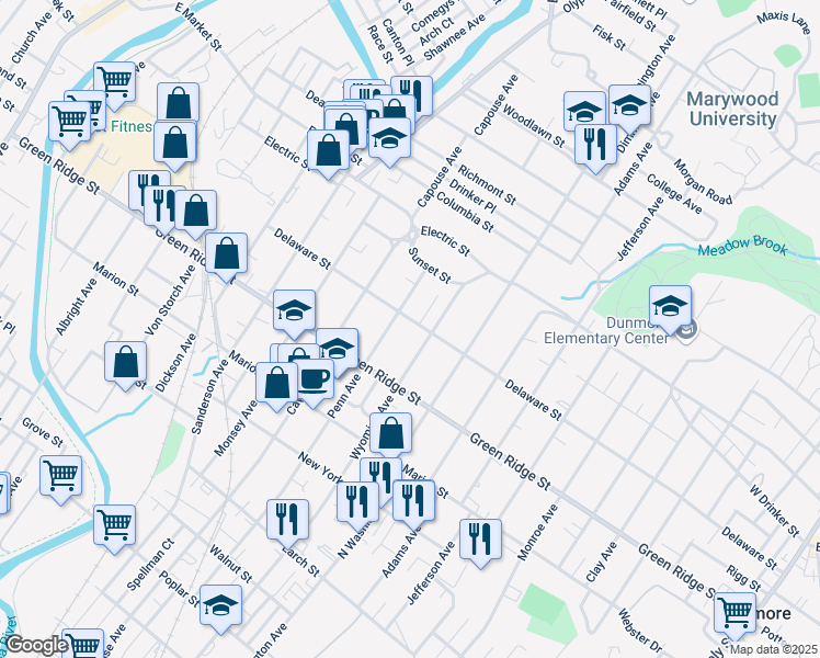 map of restaurants, bars, coffee shops, grocery stores, and more near 1016 Delaware Street in Scranton
