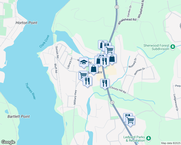 map of restaurants, bars, coffee shops, grocery stores, and more near in Ledyard
