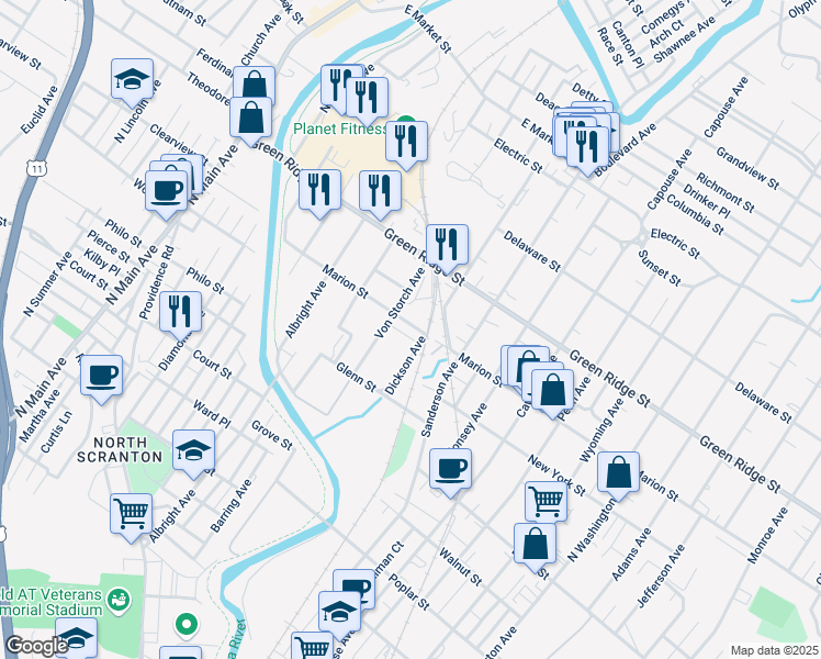 map of restaurants, bars, coffee shops, grocery stores, and more near 500 Marion Street in Scranton