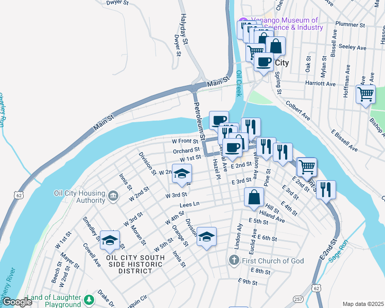 map of restaurants, bars, coffee shops, grocery stores, and more near 107 Orchard Street in Oil City