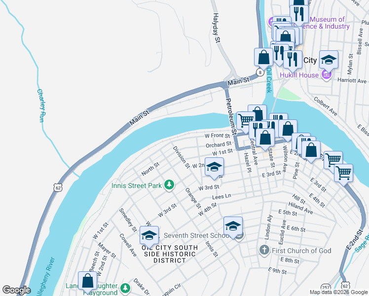 map of restaurants, bars, coffee shops, grocery stores, and more near 325 West Front Street in Oil City