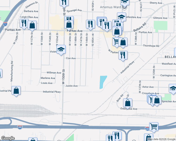 map of restaurants, bars, coffee shops, grocery stores, and more near 4636 West 145th Street in Cleveland