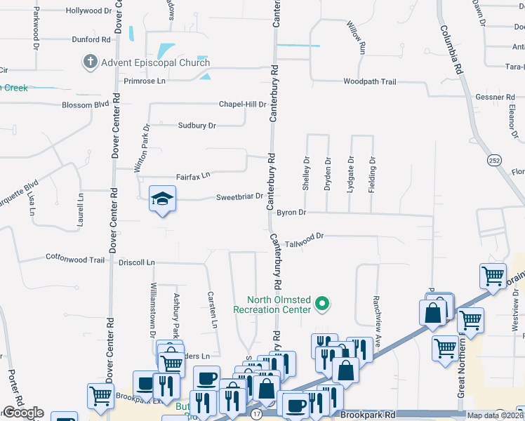 map of restaurants, bars, coffee shops, grocery stores, and more near 4178 Canterbury Road in North Olmsted
