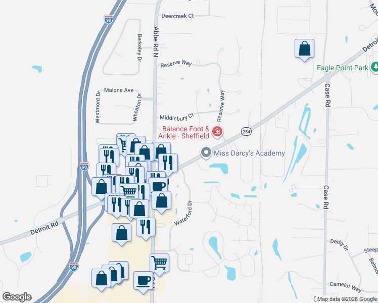 map of restaurants, bars, coffee shops, grocery stores, and more near 5383 Detroit Road in Sheffield