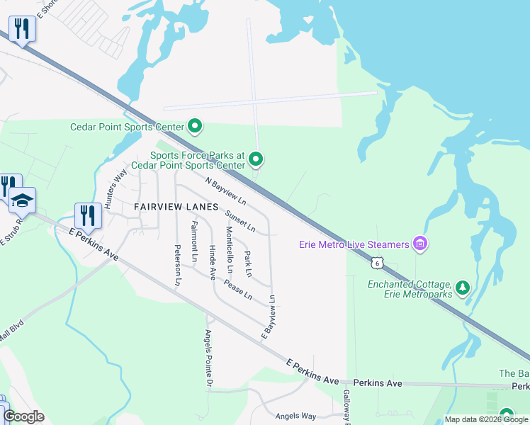 map of restaurants, bars, coffee shops, grocery stores, and more near 3011 North Bayview Lane in Sandusky