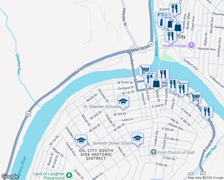 map of restaurants, bars, coffee shops, grocery stores, and more near 6 Lincoln St in Oil City