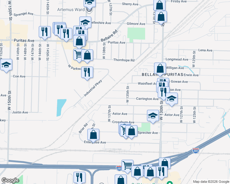 map of restaurants, bars, coffee shops, grocery stores, and more near 13616 Kirton Avenue in Cleveland