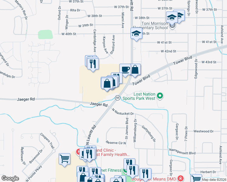 map of restaurants, bars, coffee shops, grocery stores, and more near 4326 North Leavitt Road in Lorain