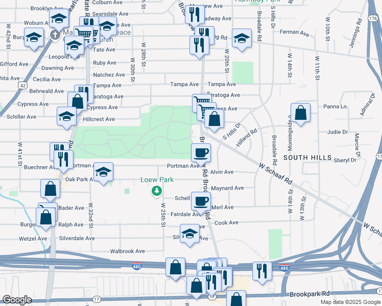 map of restaurants, bars, coffee shops, grocery stores, and more near 4700 Broadview Road in Cleveland