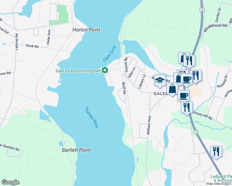 map of restaurants, bars, coffee shops, grocery stores, and more near 12 Bluff Road West in Ledyard