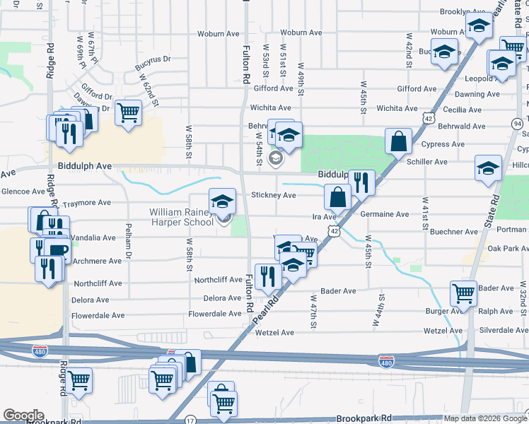 map of restaurants, bars, coffee shops, grocery stores, and more near 5314 Ira Avenue in Cleveland