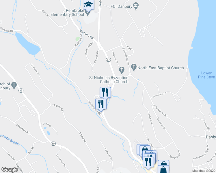 map of restaurants, bars, coffee shops, grocery stores, and more near 57 Stetson Place in Danbury