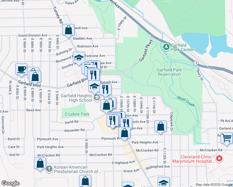 map of restaurants, bars, coffee shops, grocery stores, and more near 10400 Richland Avenue in Garfield Heights