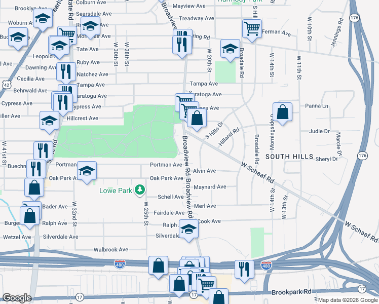 map of restaurants, bars, coffee shops, grocery stores, and more near 4700 Broadview Road in Cleveland