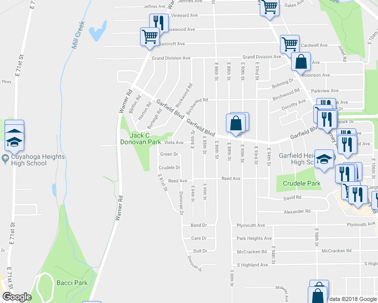 map of restaurants, bars, coffee shops, grocery stores, and more near 4820 East 84th Street in Garfield Heights