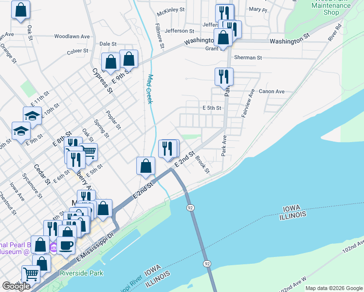 map of restaurants, bars, coffee shops, grocery stores, and more near 1114 East 3rd Street in Muscatine