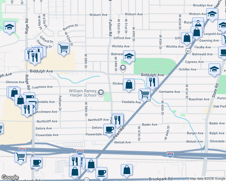 map of restaurants, bars, coffee shops, grocery stores, and more near 5314 Ira Avenue in Cleveland