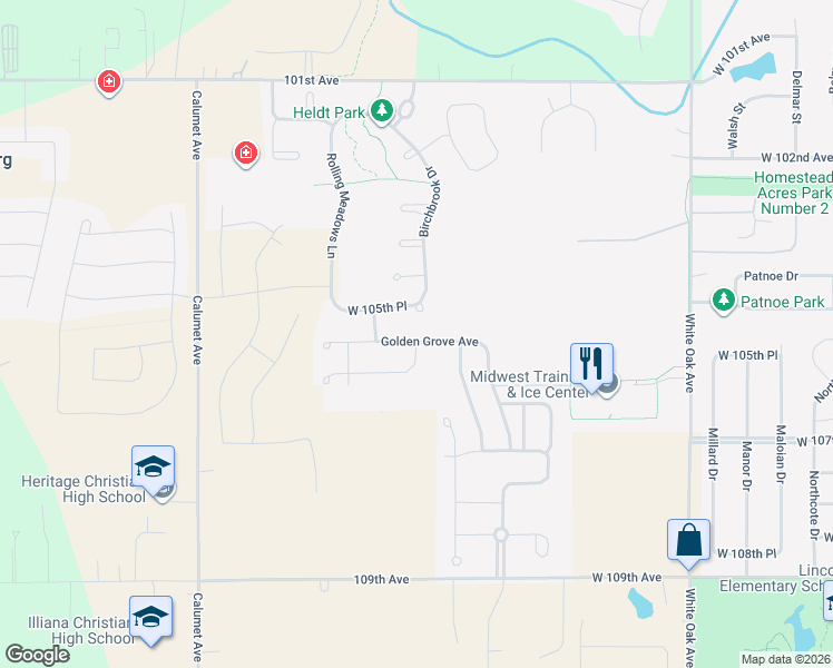 map of restaurants, bars, coffee shops, grocery stores, and more near 13674 Golden Grove Avenue in Dyer