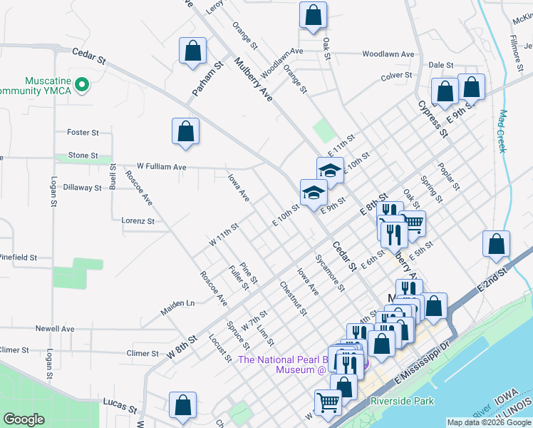map of restaurants, bars, coffee shops, grocery stores, and more near 1010 Sycamore Street in Muscatine