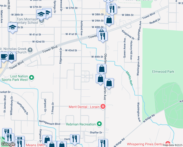 map of restaurants, bars, coffee shops, grocery stores, and more near 4611 Sycamore Drive in Lorain