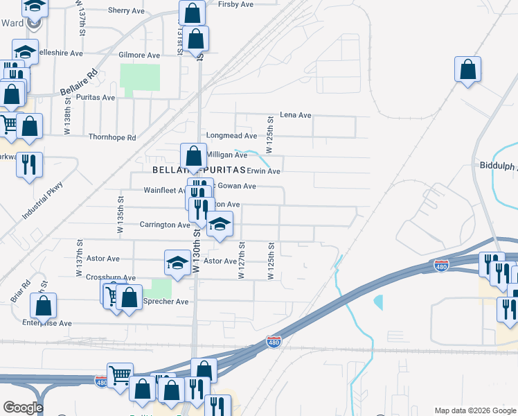 map of restaurants, bars, coffee shops, grocery stores, and more near 12513 Kirton Avenue in Cleveland