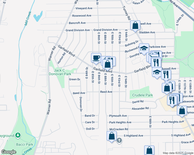 map of restaurants, bars, coffee shops, grocery stores, and more near 4813 East 85th Street in Garfield Heights