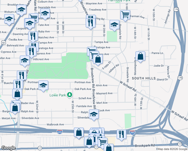 map of restaurants, bars, coffee shops, grocery stores, and more near 4700 Broadview Road in Cleveland