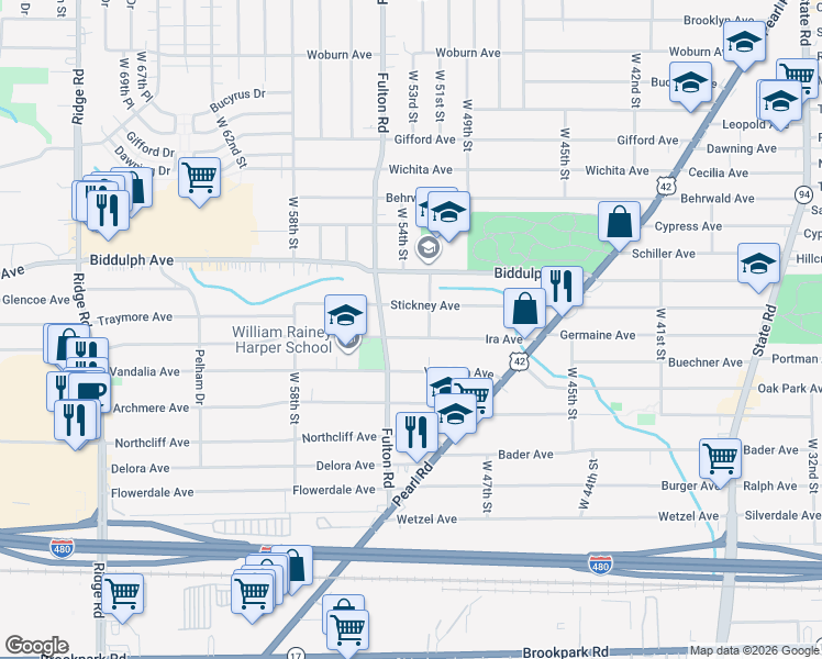 map of restaurants, bars, coffee shops, grocery stores, and more near 5314 Ira Avenue in Cleveland