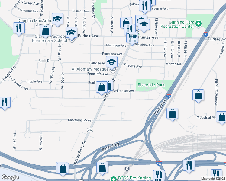 map of restaurants, bars, coffee shops, grocery stores, and more near 18108 Parkmount Avenue in Cleveland