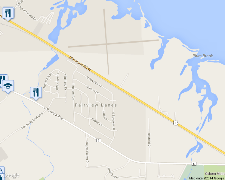 map of restaurants, bars, coffee shops, grocery stores, and more near 3011 North Bayview Lane in Sandusky