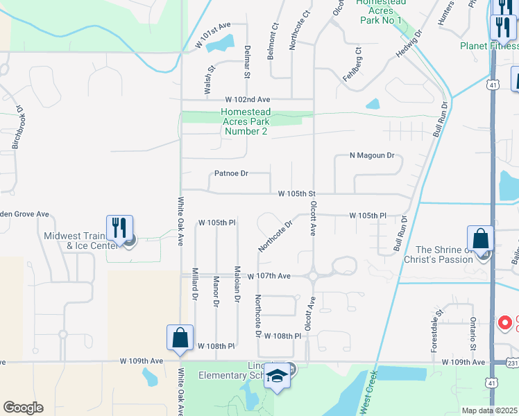 map of restaurants, bars, coffee shops, grocery stores, and more near 12400 W 105th Cir in St John