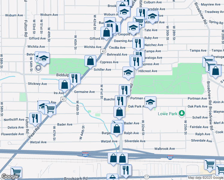 map of restaurants, bars, coffee shops, grocery stores, and more near 3810 Germaine Avenue in Cleveland