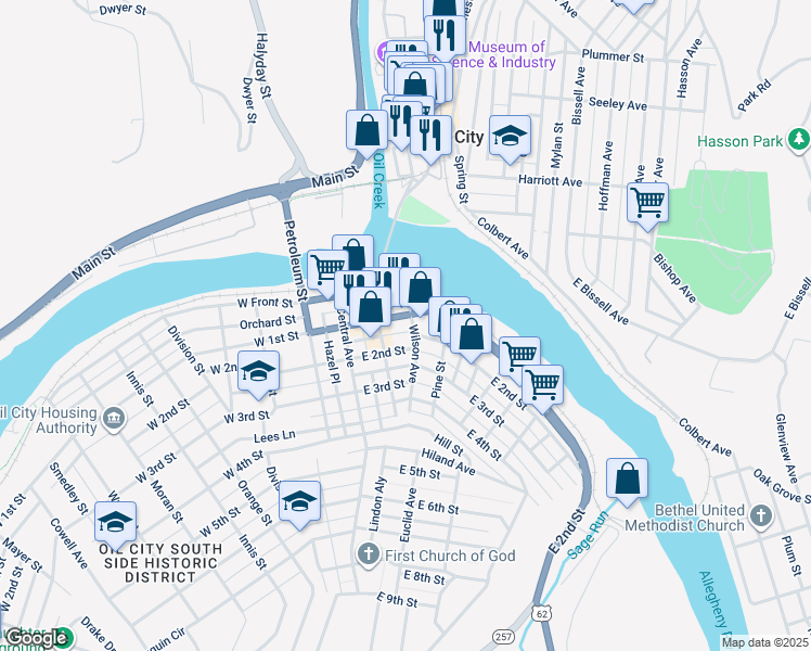 map of restaurants, bars, coffee shops, grocery stores, and more near 119 East 1st Street in Oil City