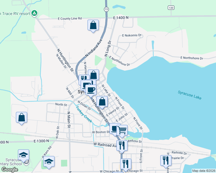map of restaurants, bars, coffee shops, grocery stores, and more near 399 E Pearl St in Syracuse