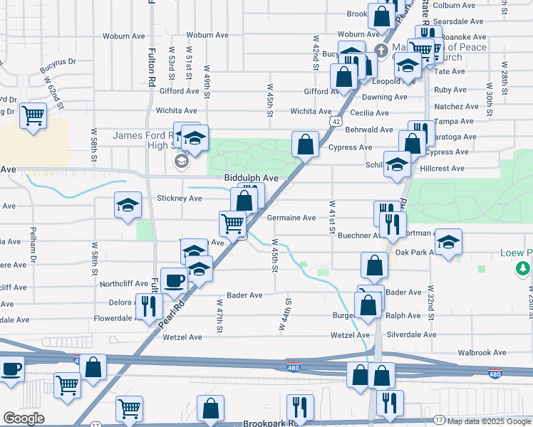 map of restaurants, bars, coffee shops, grocery stores, and more near in Cleveland