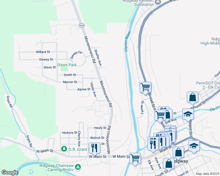 map of restaurants, bars, coffee shops, grocery stores, and more near 420 Lookout Avenue in Ridgway