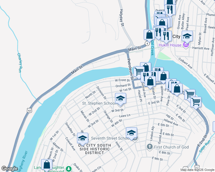 map of restaurants, bars, coffee shops, grocery stores, and more near 6 Lincoln Street in Oil City