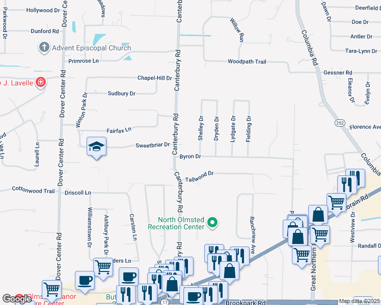 map of restaurants, bars, coffee shops, grocery stores, and more near 26198 Byron Drive in North Olmsted